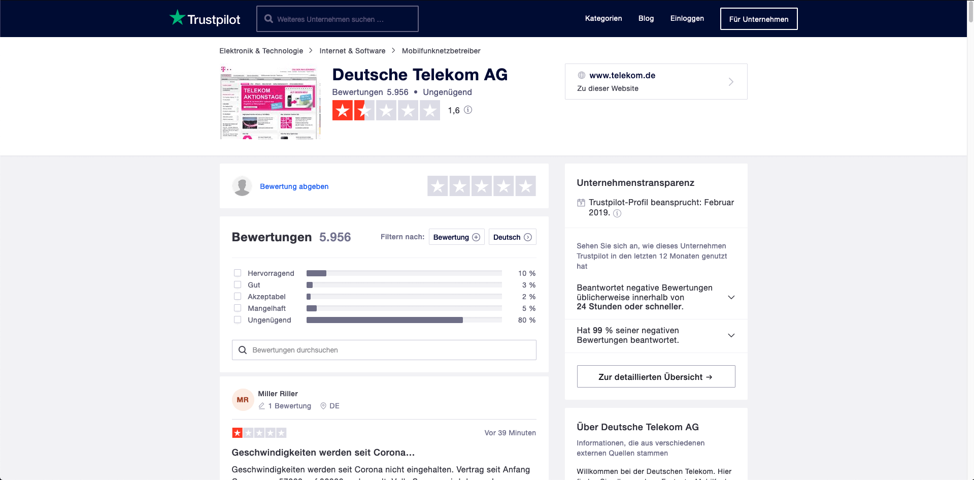 profil Trustpilot Deutsche Telekom