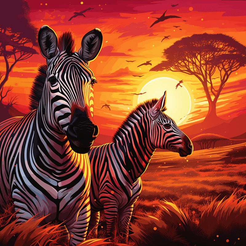 Lowen-Zebras-in-Afrika-Sonnenuntergang